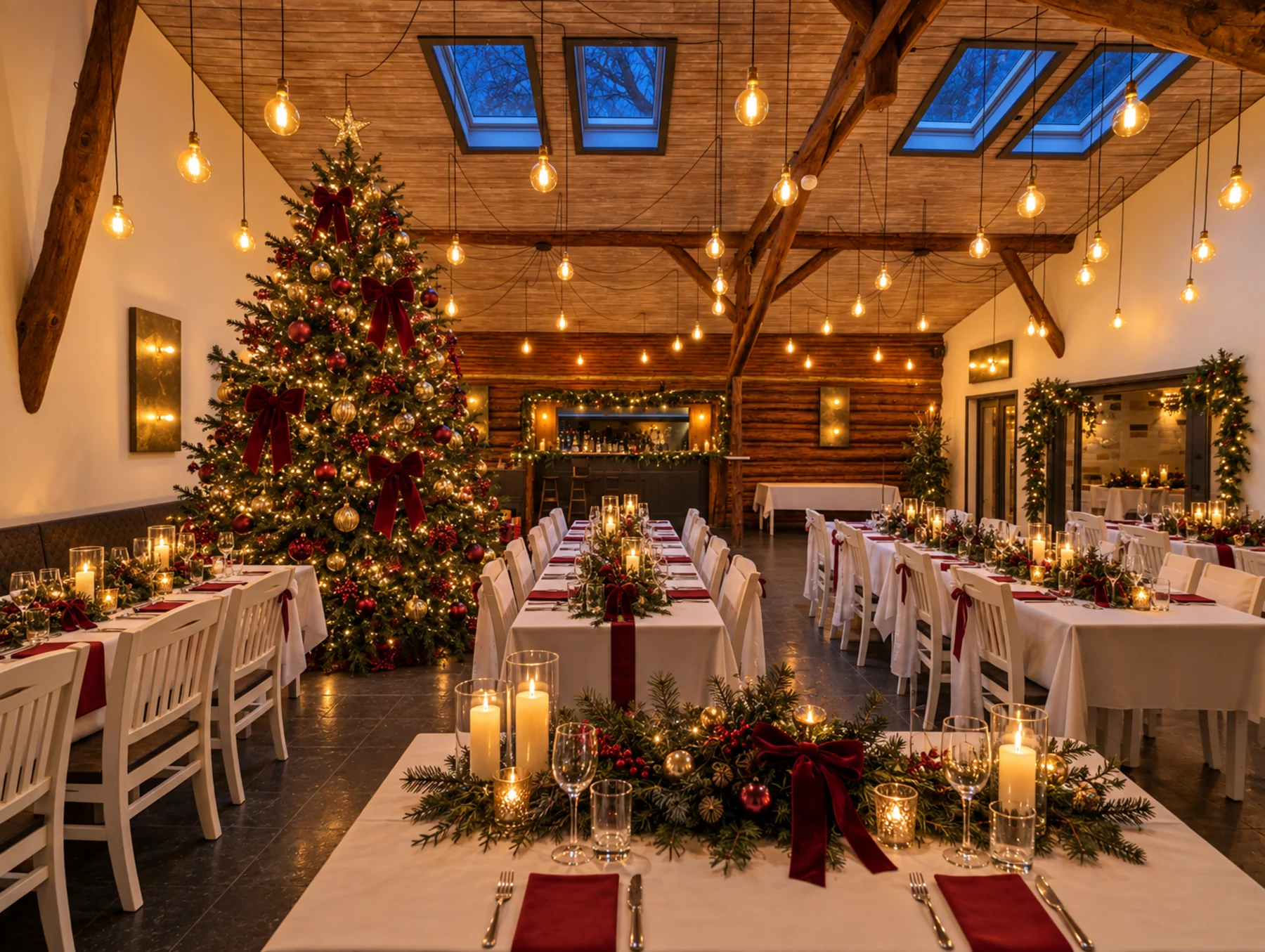 KI-Dekorationsvorschau des Großen Saals mit leuchtendem Weihnachtsbaum, roten Schleifen und goldenen Kugeln.